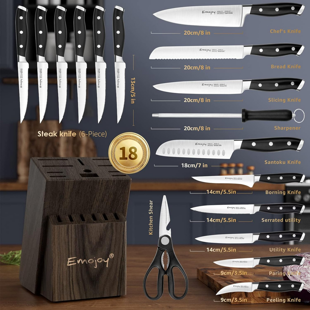 Emojoy 18-Piece Knife Set with Wooden Block