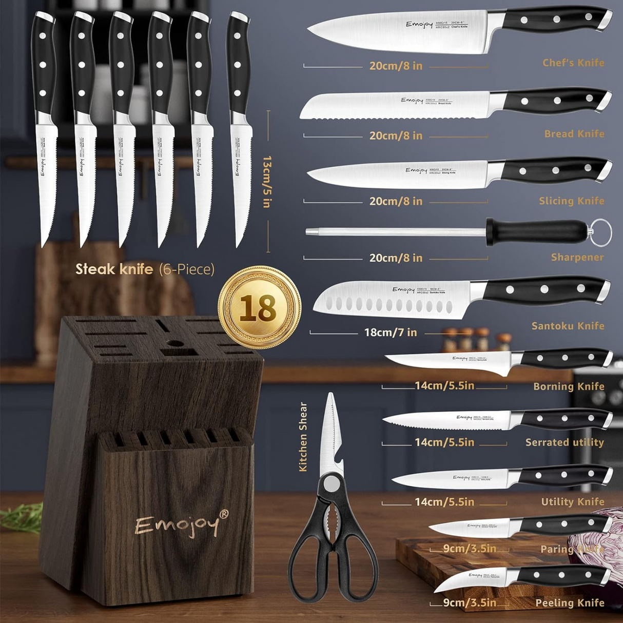 Emojoy  18-Piece Knife Set with Wooden Block