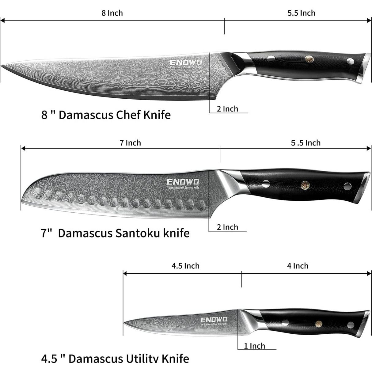 Enowo Damascus Steel VG10, 3 PCS Knife Set 3 PCS Damascus Steel VG10